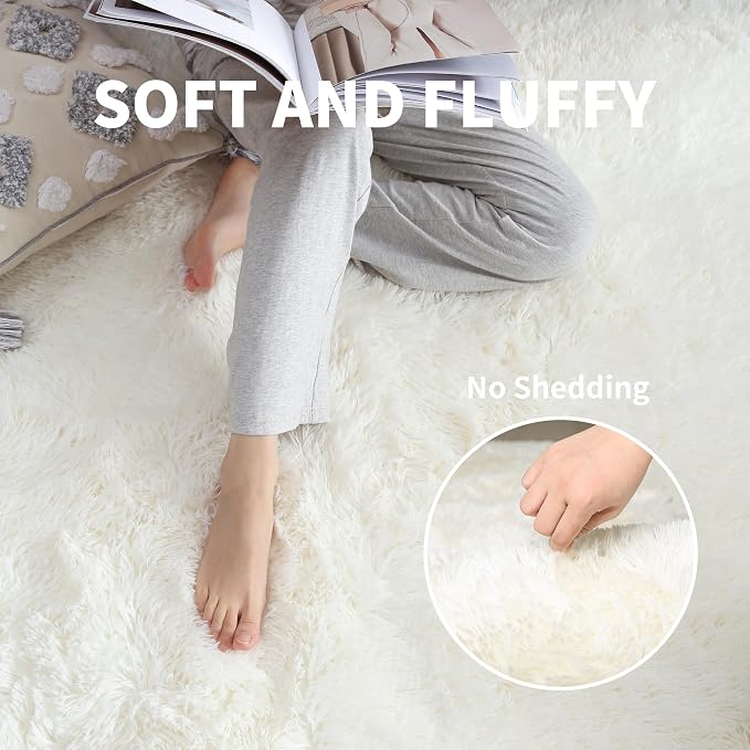 5x7 Thick Cream White Shag Rug for Girls Bedroom, Soft Plush Carpet | Ivory - Image 3