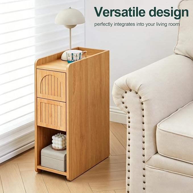 Narrow Nightstand Set of 2, Wooden Small 2 Drawer Nightstand, Slim Side End - Image 4