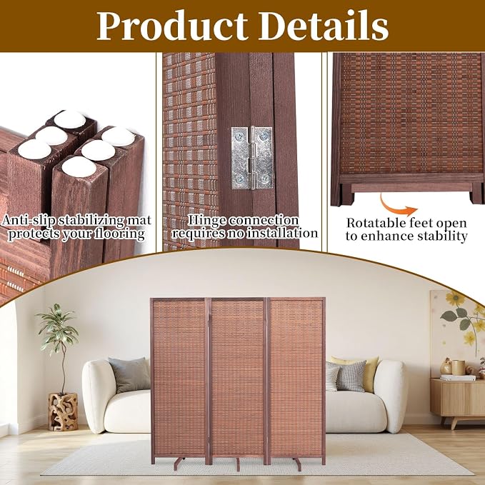 Bamboo Room Divider 3 Panel 47" H, 360°Rotating Feet Privacy Screen, Portable - Image 6