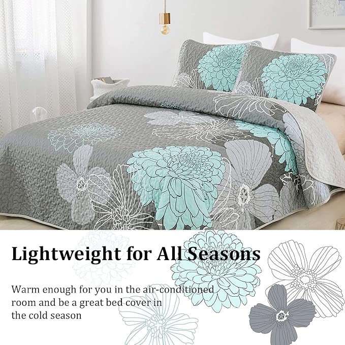 Yiran Grey Aqua Floral Quilt Set Queen Size 3 Pieces Botanical Quilt Set | - Image 7