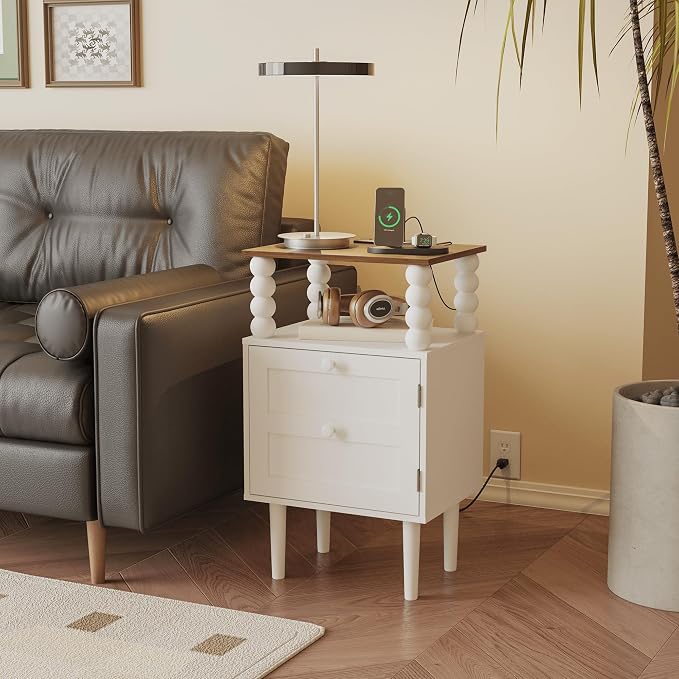 Veegle White Nightstand with Charge Station, Modern Bedside Table with Storage - Image 4