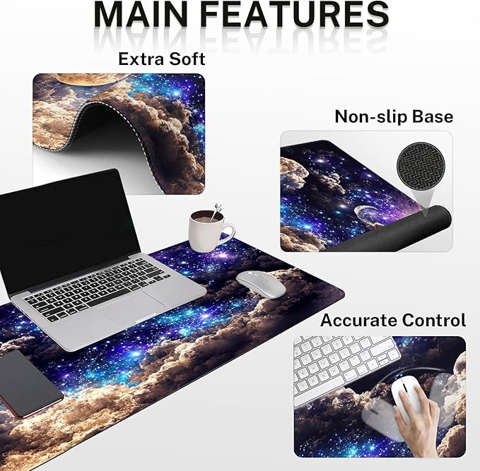 Britimes Moon Space Night Keyboard Mouse Pad Set Blue Cute Cloud 4in1 Large Mousepad+Keyboard Wrist Rest+Mouse Wrist Rest+Coaster Ergonomic Design for Home Office Computer 35.4x15.7 inches