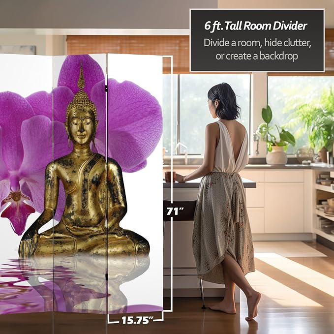 Red Lantern 6 ft. Tall Double Sided Thai Buddha Room Divider 3 Panel - Image 5
