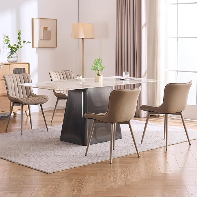 YOUNUOKE Mid-Century Modern Dining Chairs Set of 2, Khaki PU Leather Upholstered Kitchen Chairs with Khaki Metal Legs, Armless Accent Chair for Dining Room, Guest Reception Room
