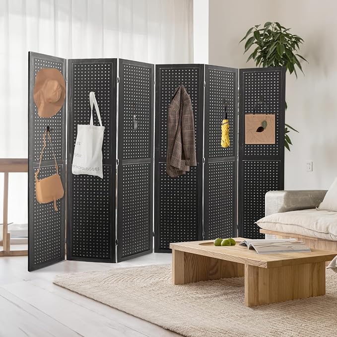 6 Panel Pegboard Room Divider | Black Wood Folding Privacy Screen - Image 9