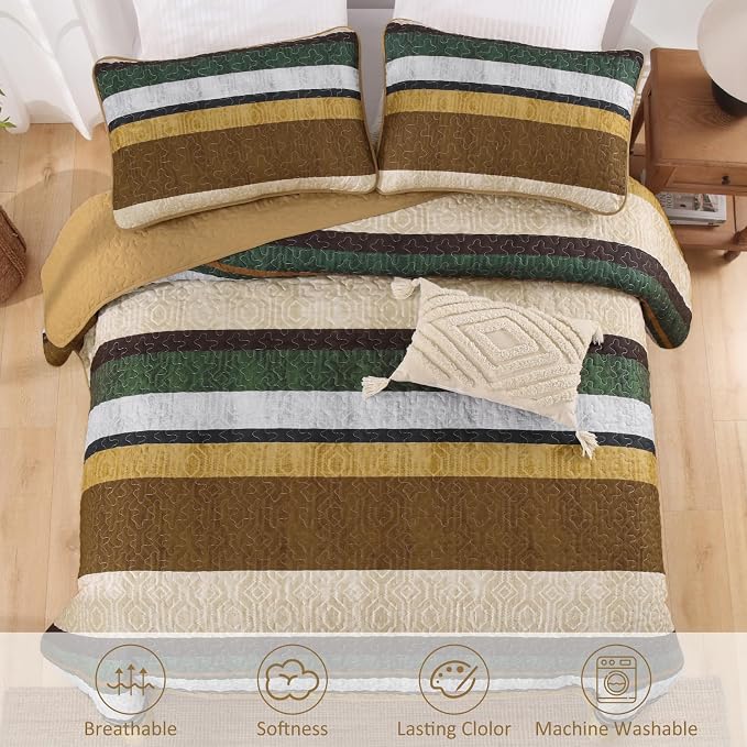 Dobuyly Queen Stripe Quilt Bedding Set, Boho Brown Lightweight Bedspread | - Image 9