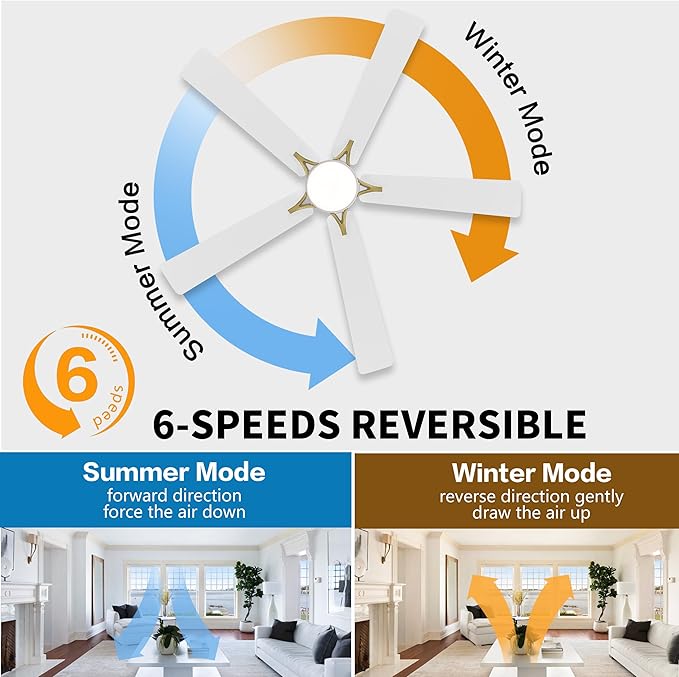 WINGBO 48" DC Flush Mount Ceiling Fan with Lights, 5 Plywood Blades, 6-Speed Reversible DC Motor, 3CCT, Low Profile Hugger Ceiling Fan for Living Room Bedroom Kitchen, White and Brass