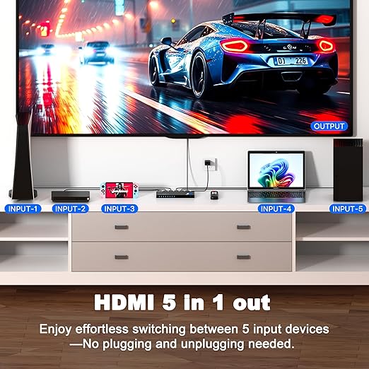 JCHICI 4K HDMI Switch 5x1 with Remote - 4K@60Hz HDR HDCP 2.2 - Auto-Switcher Splitter for PS5/PS4/Xbox/Switch/PC