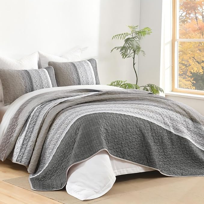 Cottolester Quilt Set Queen, Taupe Grey Striped Patchwork Bedspread | Modern - Image 6