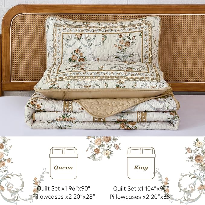 Anibedding Floral Quilt Set Queen, Retro Brown Flower Quilts 3PCs Bedspread | - Image 5