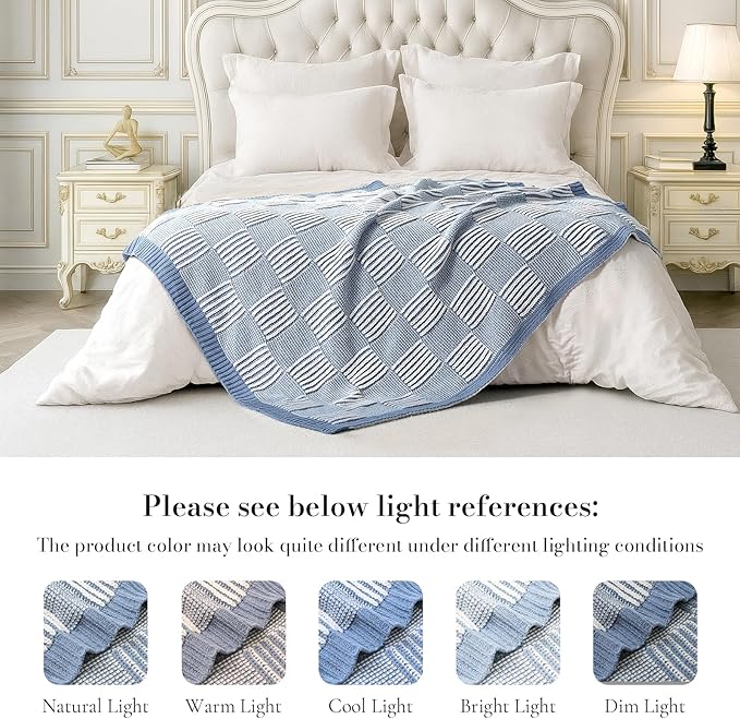 Amélie Home Checkered Knit Throw Blanket for Couch, Chenille Texture Decorative Soft Blanket for Sofa & Chair, 50"x60", Blue & White