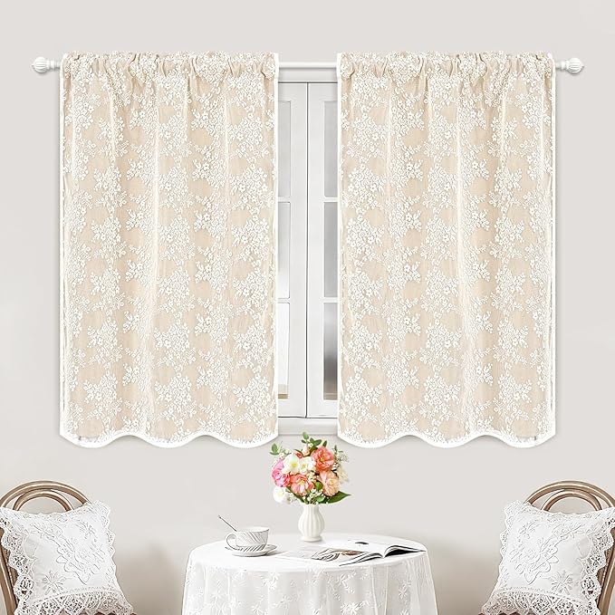 Yinhua Beige Kitchen Curtains 36 Inch Length Double Layer Blackout Cafe Curtains - Image 2