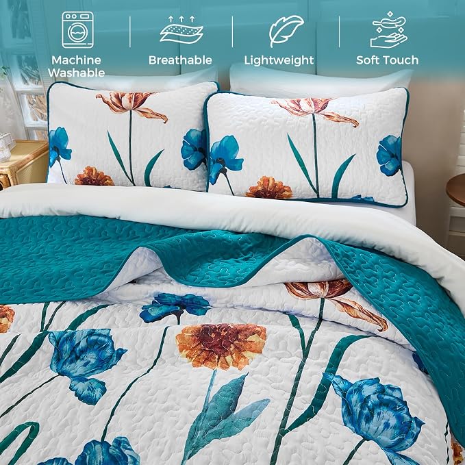 WONGS BEDDING Floral Quilt Set Queen, Shabby Chic Teal Floral Botanical Pattern - Image 4