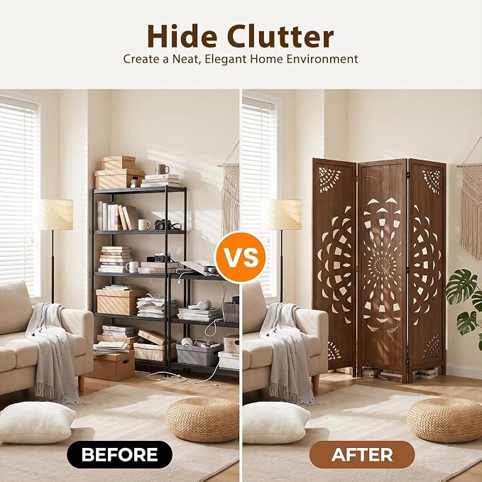3 Panel Room dividers, 66.9" Boho Double-Sided Carved Screen, Freestanding - Image 7