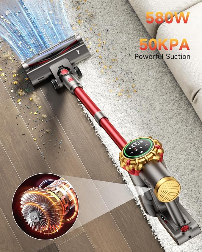 Aipoway Cordless Vacuum Cleaner 580W 50Kpa Vacuum Cleaners For Home, 65 Mins Battery Stick Vacuum Led Panel, Anti-Tangle, Self-Standing, 8-In-1 Lightweight Vacuum For Hardwood Floor/Carpet/Pet Hair -Y