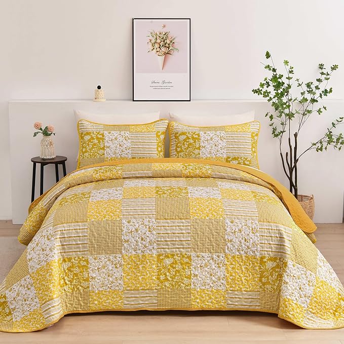 Mybedsoul Yellow Boho Quilt Set Queen Size, 3 Pieces Plaid Floral Bedspread by Mybedsoul
