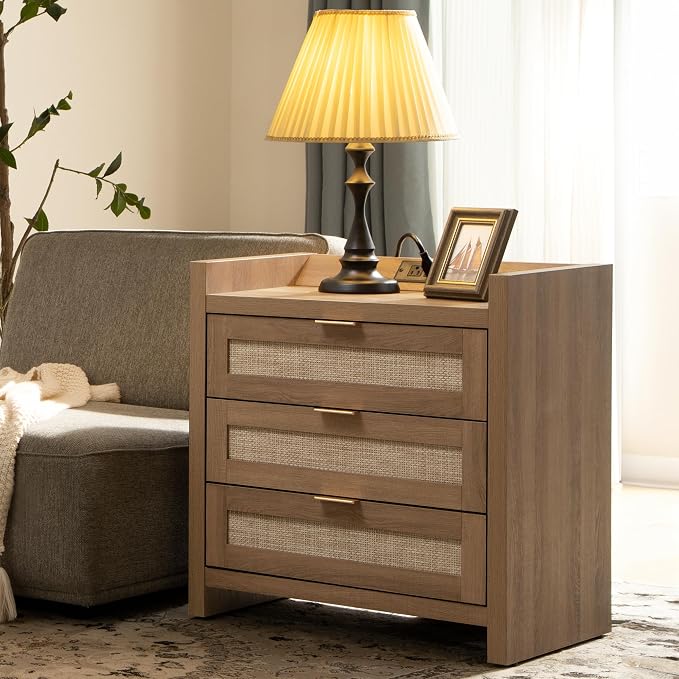 SICOTAS Rattan Nightstand for Bedroom, Bedside Table by SICOTAS
