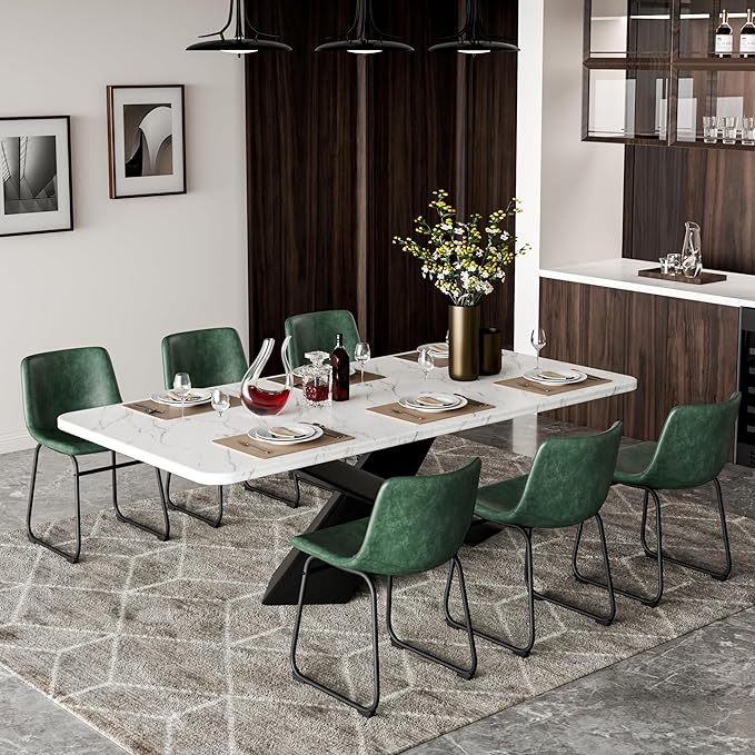 Dining Chairs Set of 8, 18 Inch Modern Armless Dining Chair with Back, Faux Leather Kitchen Dining Room Chair with Metal Legs for Home, Bistro Coffee Shops (Green)