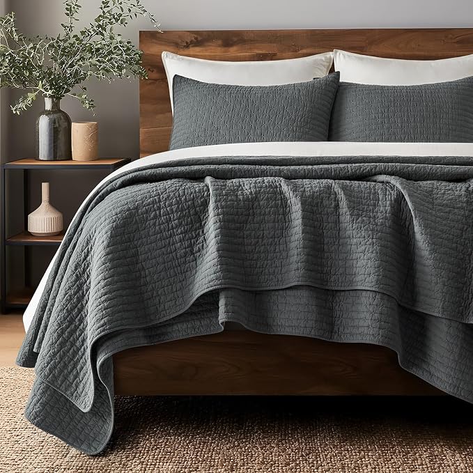 100% Cotton Cross Stitch 3-Piece Quilt Set, Charcoal | Cross Stitch Cotton Quilt by EVERGRACEHOME