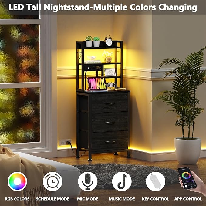Black Nightstand with Bookshelf, Tall Bedside Table & Night Stand | 3 Fabric - Image 4