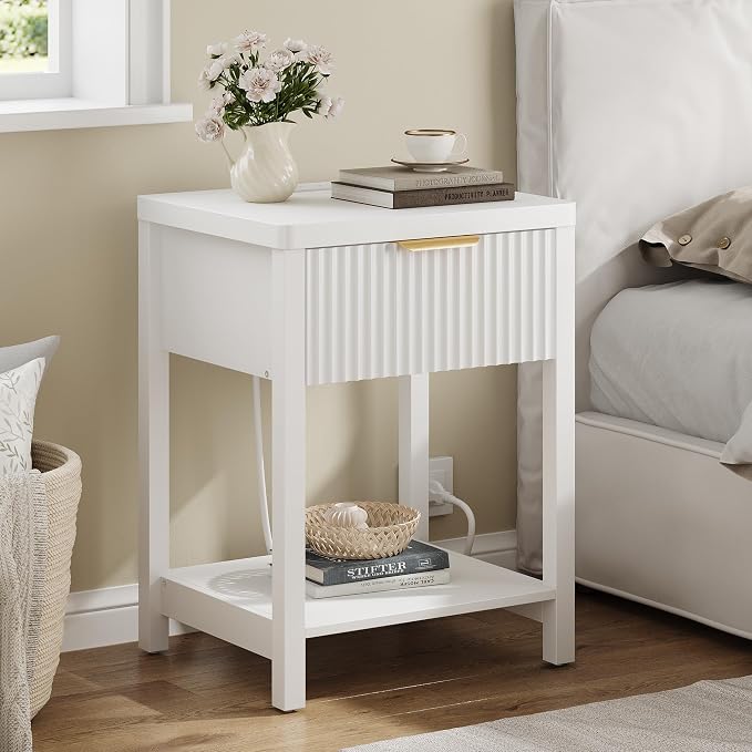Night Stand Set 1, Fluted Wood Bedside Table w/Socket Station - Image 9
