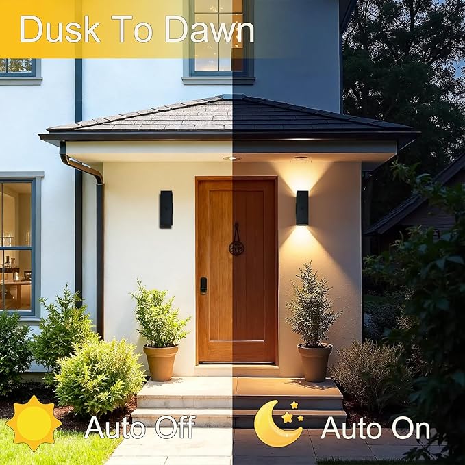 WISELUME Motion Sensor Outdoor Wall Lights, Dusk to Dawn Porch & Patio Sconce with E26 Dimmable LED Bulbs, Black Aluminum Up & Down Exterior Lights for Garage, Garden, Front Door, ETL Listed