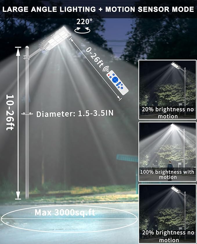 JAYNLT Y-3600W Solar Street Lights Outdoor,360000LM 6500K Parking Lot Lights Commercial, Waterproof Dusk to Dawn Solar Security Flood Lamps Motion Sensor for Driveway,Basketball Court
