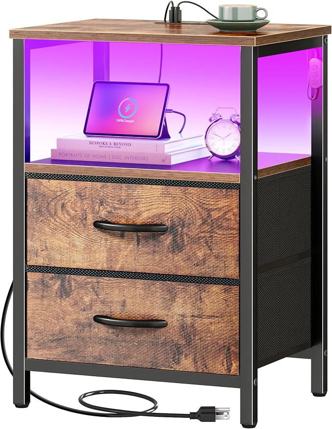Huuger Night Stand with Charger Station and LED Lights, 2 Drawer Nightstand | by Huuger