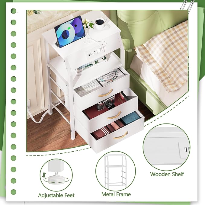 White Nightstand with Charging Station, 3 Drawers Bedside Table | 28.3 Inch - Image 7