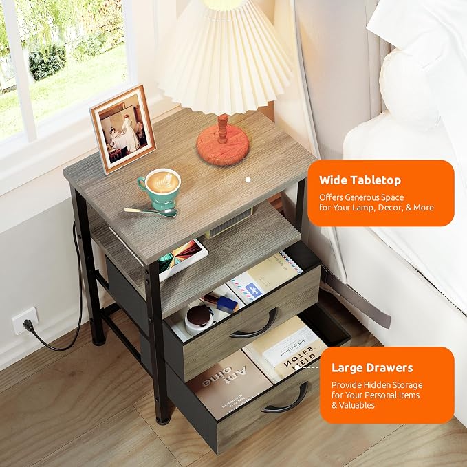 Lazzanto Night Stand with Charger Station, 2 Fabric Drawers, Bedside Table - Image 6