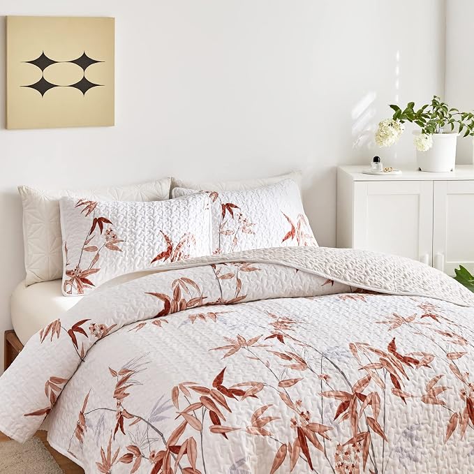 Botanical Quilt Set 3 Pieces King, Burnt Orange Leaves on White Design - Image 5