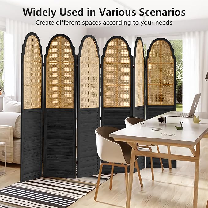 Wood Room Divider 6 Panel, Folding Privacy Screen, Rattan Room Divider Wall - Image 5