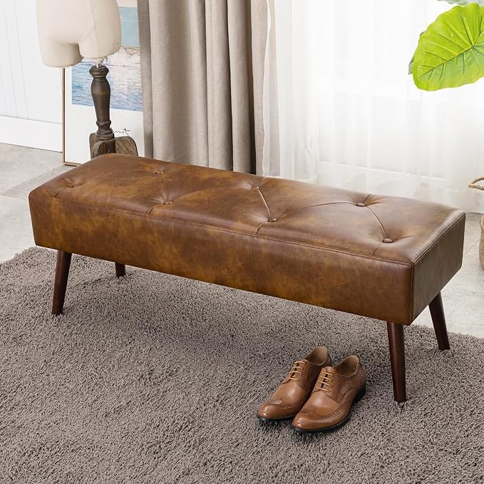 44 Inch Tufted Leather Bench, Leather Footrest Stool Bedroom Bench Seat - Image 9