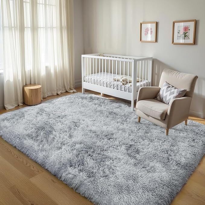 KICHOWUA 5x8 Thick Light Grey Fluffy Shag Rug - Image 6