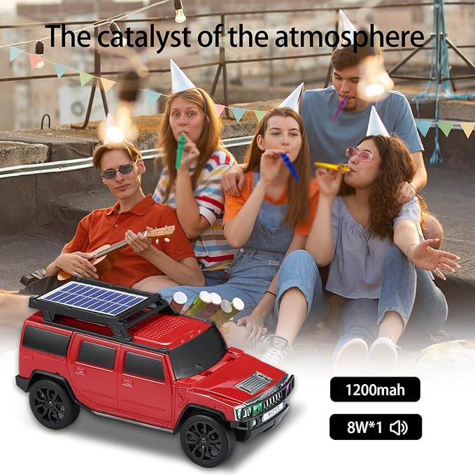 WSTER WS-696 Solar Bluetooth Replica Speaker – Portable Modern Off-Road Car Design with HD Sound, TWS, LED Party Light, USB/TF Playback, FM, Built-in Microphone, Surprise Gift(Red)