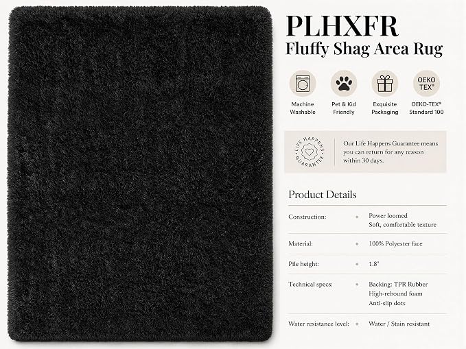PLHXFR 4x6 Area Rugs Living Room: Fluffy Bedroom Rug Shag Carpet Black | - Image 4