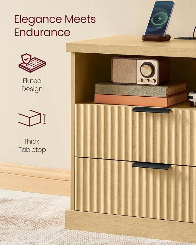 VASAGLE Nightstand with Charging Station, 2 Drawers, Open Shelf | Bedside Table - Image 6