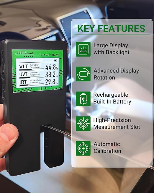 Digital Car Window Tint Meter TM-28 – Side Window Tint Tester for Light Transmission, UV/IR Rejection, Auto Calibration, Display Rotation