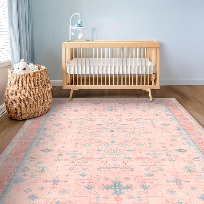 Pink and Blue Washable 5x8 Living Room Rugs, Boho Aethestic Oushak Vintage Area - Image 6