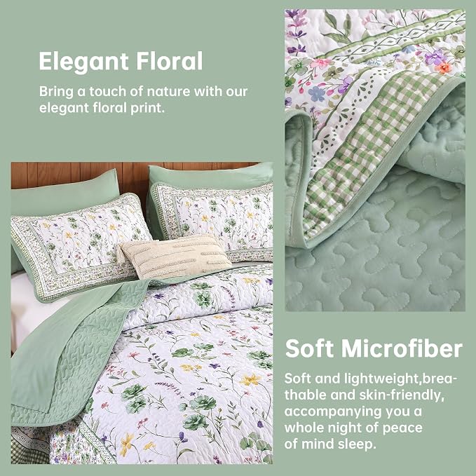 WONGS BEDDING Floral Quilt Set Queen，3 Pcs Green Bedspreads Coverlet Set | - Image 4
