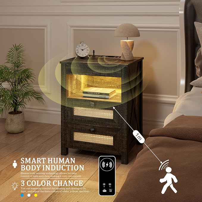 LED Night Stands Set of 2 with Charging Station | Hidden Gun Drawers, LED Human - Image 5