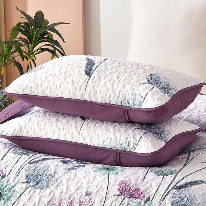 Dinjoy Purple Quilt Set King, Floral Printed Bedspread Coverlet Set | Purple - Image 7