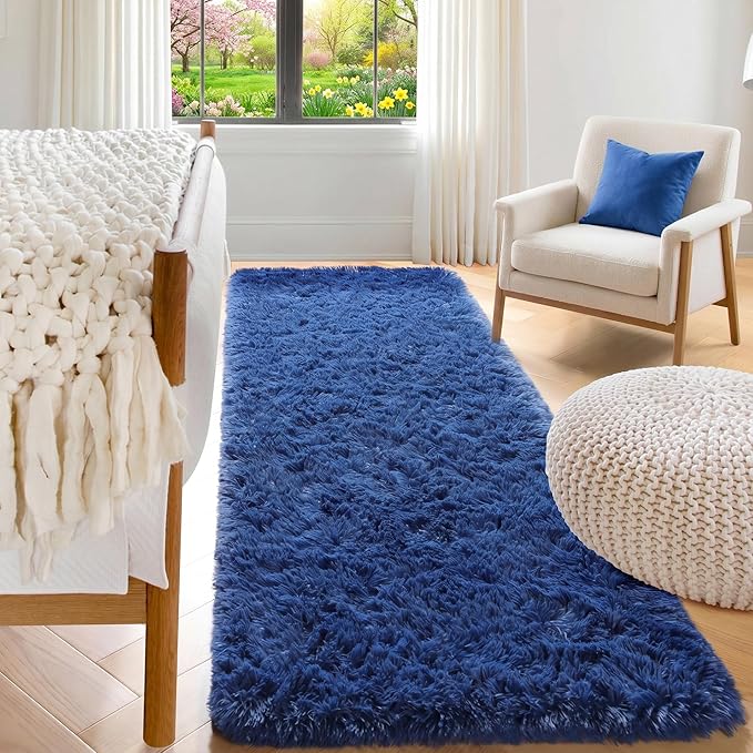 Navy Blue Runner Rugs for Bedroom Living Room, Fluffy 2x6 Bedside Hallway Area by ONASAR