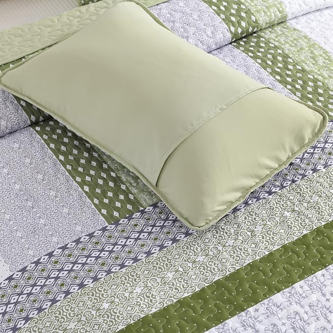 WONGS BEDDING Quilt Queen Size Olive Green, Bohemian Stripe Bedspread | 3 - Image 5