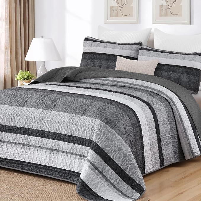 Dobuyly Queen Boho Stripe Quilt Set, Breathable All-Season, 3-Piece Set by Dobuyly