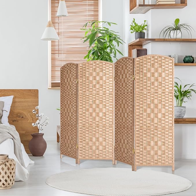 HALLYBEE Short Room Divider, Small Folding Privacy Screens, 4 Panel Natural | by HALLYBEE