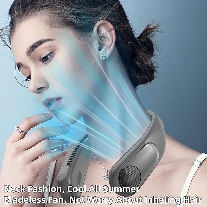 Portable Neck Fan,Personal Wearable Bladeless Fan,LED Display,4-Speeds,6000mAh USB Rechargeable,360° Strong Cooling Wind,Hands Free,White Elephant Gift,Christmas Gifts for Men Women (Dark grey)