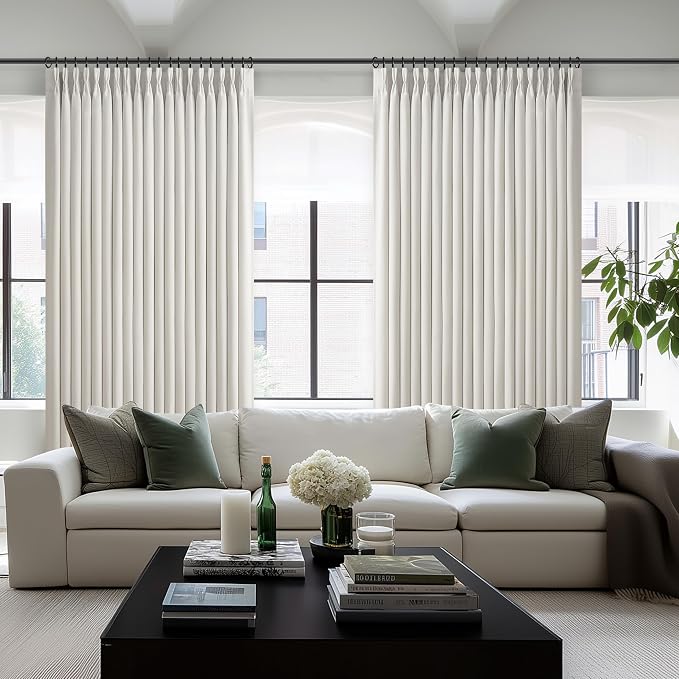 Beige White Blackout Pinch Pleated Dual Layer Linen Curtains 84 Inches Long | - Image 4
