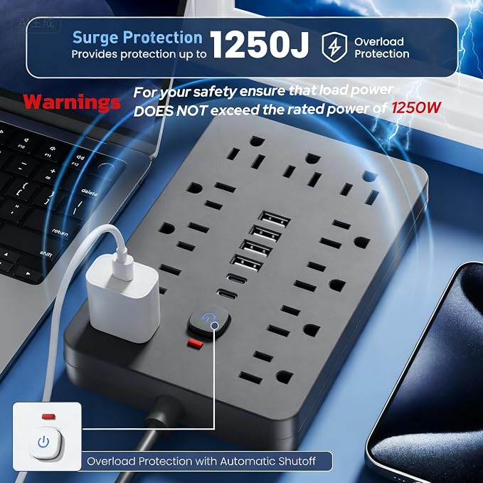 JouleLoom 20 FT Flat Plug Surge Protector Power Strip, 11 Multiple AC Outlets - Image 7