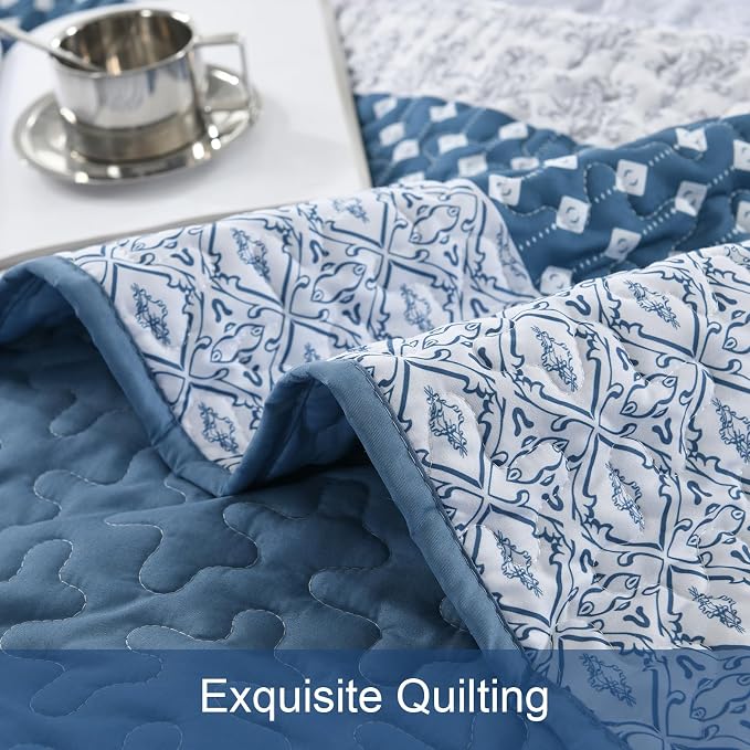 WONGS BEDDING Blue Queen Size Quilt Set, 3-Piece Boho Stripe Bedspread | - Image 7